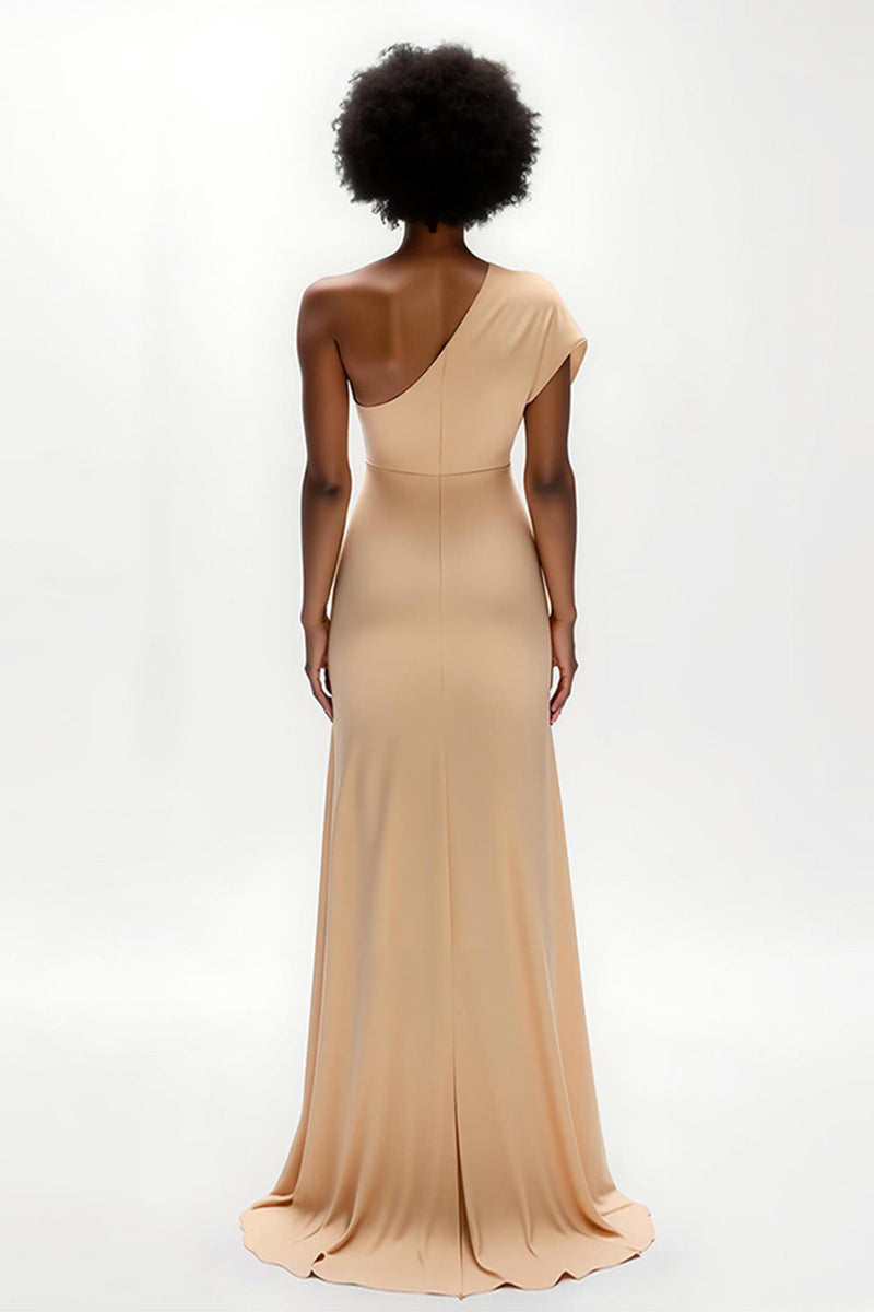Load image into Gallery viewer, Champagne Sheath Satin One Shoulder Long Formal Dress