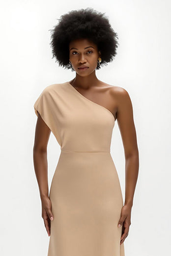 Champagne Sheath Satin One Shoulder Long Formal Dress