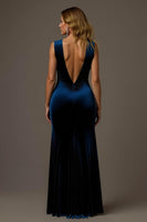 Load image into Gallery viewer, Royal Blue Velvet Sheath V-Neck Long Holiday Party Dress with Slit