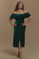 Load image into Gallery viewer, Dark Green Sheath Velvet Off the Shoulder Long Holiday Party Dress with Slit