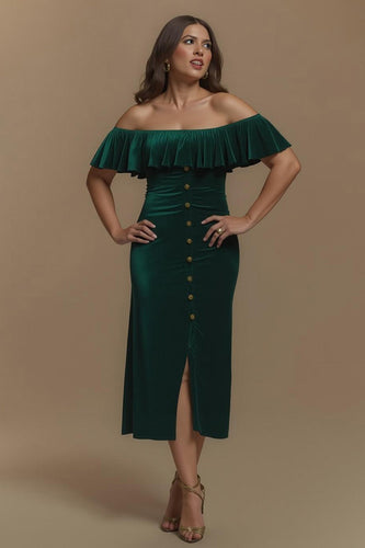 Dark Green Sheath Velvet Off the Shoulder Long Holiday Party Dress with Slit