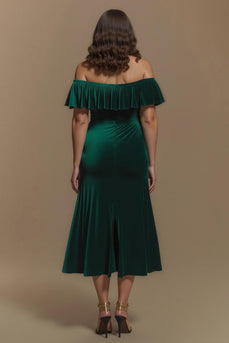 Dark Green Sheath Velvet Off the Shoulder Long Holiday Party Dress with Slit