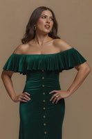Load image into Gallery viewer, Dark Green Sheath Velvet Off the Shoulder Long Holiday Party Dress with Slit