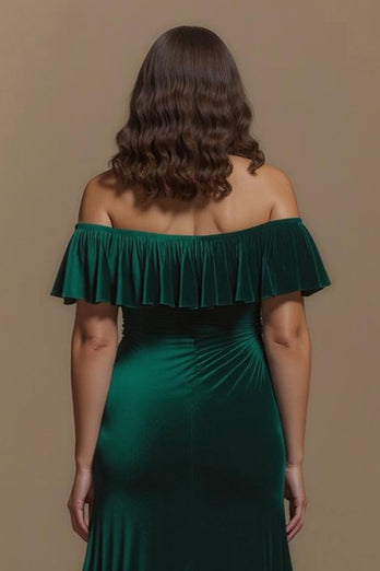 Dark Green Sheath Velvet Off the Shoulder Long Holiday Party Dress with Slit
