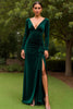 Load image into Gallery viewer, Dark Green Sheath Velvet Ruffled Long Holiday Party Dress with Slit