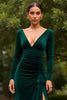 Load image into Gallery viewer, Dark Green Sheath Velvet Ruffled Long Holiday Party Dress with Slit