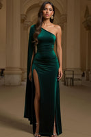 Load image into Gallery viewer, Dark Green Velvet Sheath One Shoulder Long Holiday Party Dress with Slit