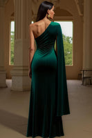 Load image into Gallery viewer, Dark Green Velvet Sheath One Shoulder Long Holiday Party Dress with Slit