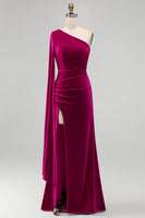 Load image into Gallery viewer, Dark Green Velvet Sheath One Shoulder Long Holiday Party Dress with Slit