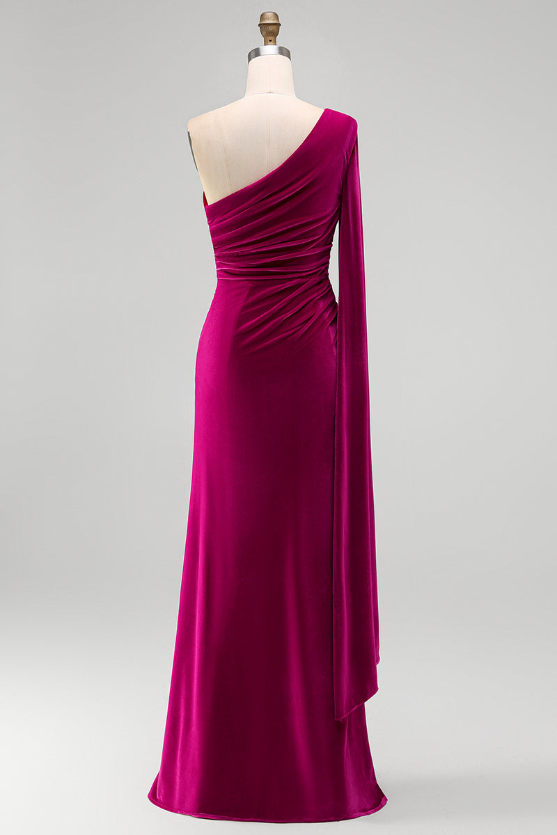 Load image into Gallery viewer, Dark Green Velvet Sheath One Shoulder Long Holiday Party Dress with Slit