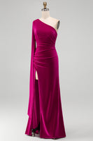 Load image into Gallery viewer, Dark Green Velvet Sheath One Shoulder Long Holiday Party Dress with Slit