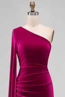Load image into Gallery viewer, Dark Green Velvet Sheath One Shoulder Long Holiday Party Dress with Slit