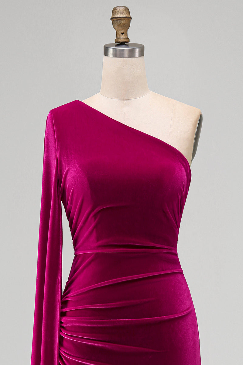 Load image into Gallery viewer, Dark Green Velvet Sheath One Shoulder Long Holiday Party Dress with Slit