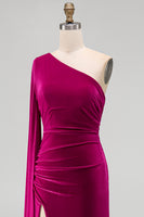 Load image into Gallery viewer, Dark Green Velvet Sheath One Shoulder Long Holiday Party Dress with Slit