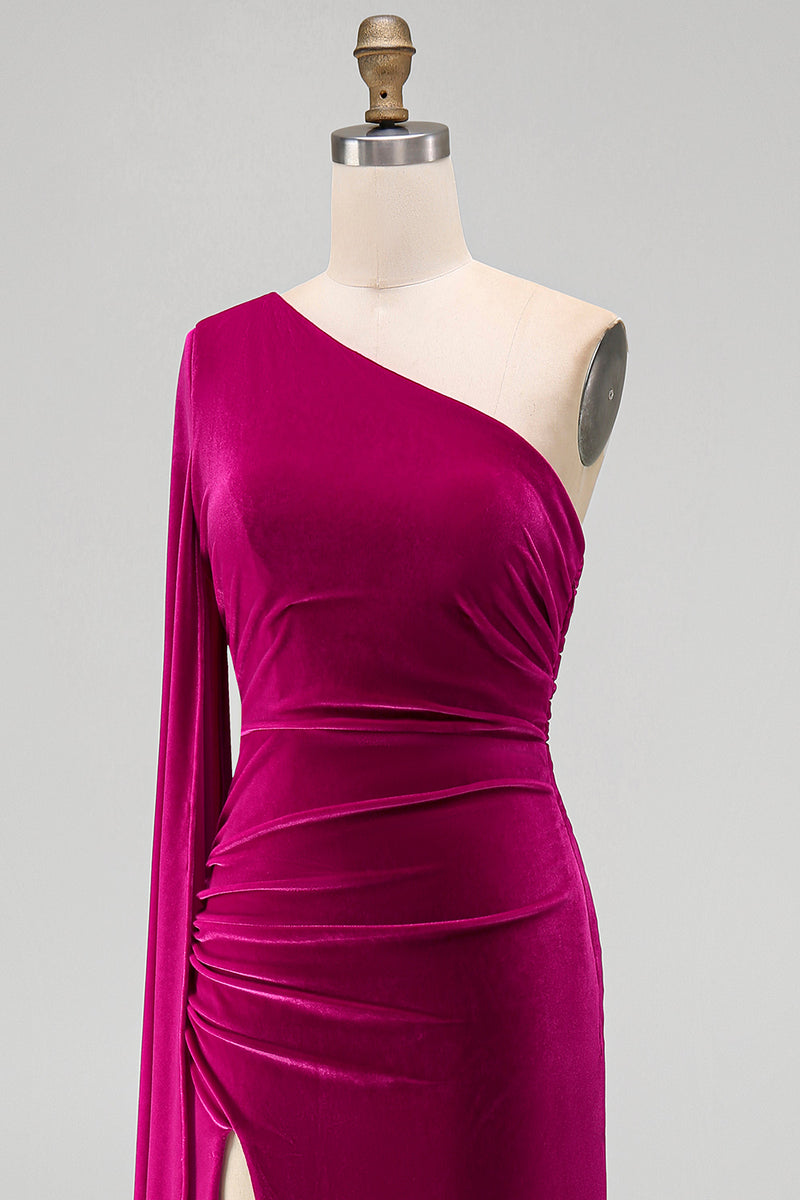 Load image into Gallery viewer, Dark Green Velvet Sheath One Shoulder Long Holiday Party Dress with Slit