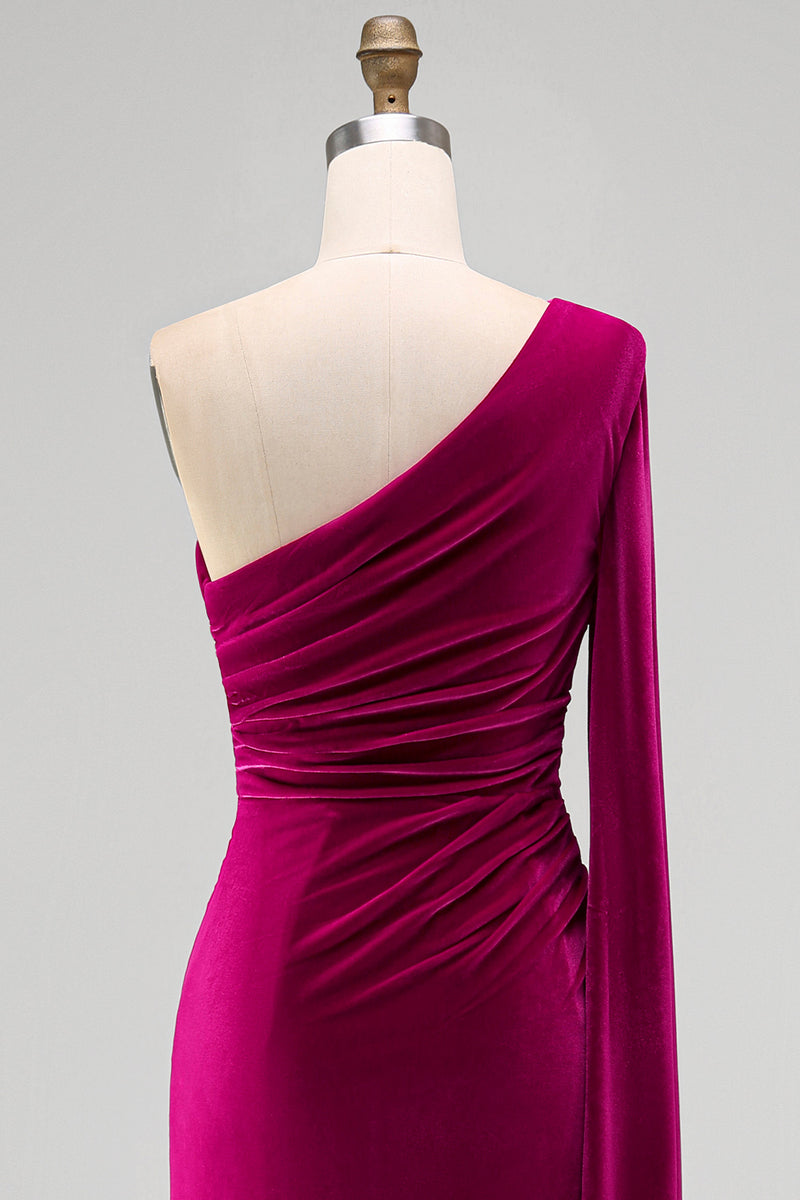 Load image into Gallery viewer, Dark Green Velvet Sheath One Shoulder Long Holiday Party Dress with Slit