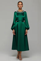 Load image into Gallery viewer, Sparkly Dark Green Satin A Line Long Holiday Party Dress with Rhinestones