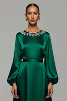 Load image into Gallery viewer, Sparkly Dark Green Satin A Line Long Holiday Party Dress with Rhinestones