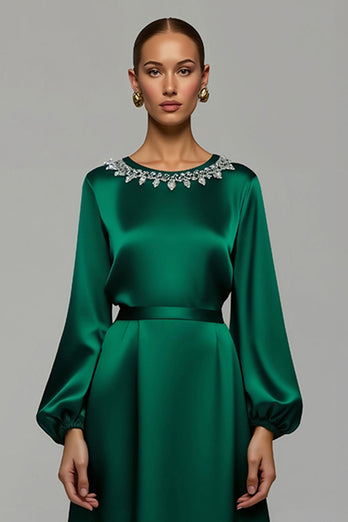 Sparkly Dark Green Satin A Line Long Holiday Party Dress with Rhinestones