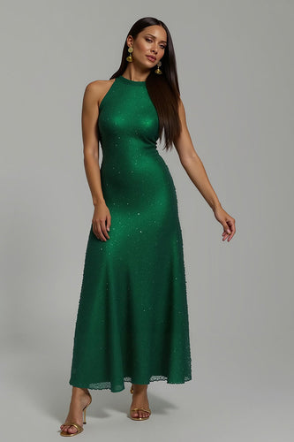 Sparkly Dark Green Sequins Sheath High Neck Long Holiday Party Dress