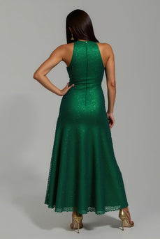 Sparkly Dark Green Sequins Sheath High Neck Long Holiday Party Dress