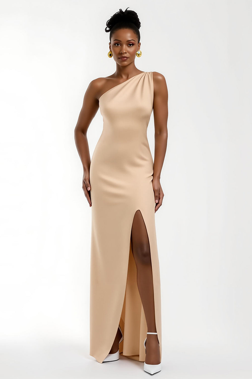 Champagne One Shoulder Sheath Satin Long Formal Dress with Slit