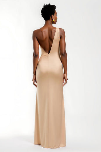 Champagne One Shoulder Sheath Satin Long Formal Dress with Slit