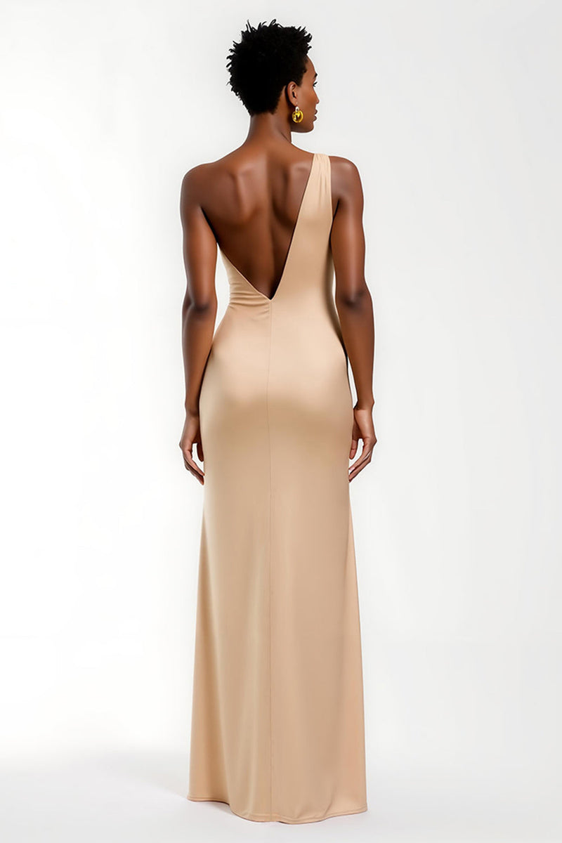 Load image into Gallery viewer, Champagne One Shoulder Sheath Satin Long Formal Dress with Slit
