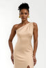 Load image into Gallery viewer, Champagne One Shoulder Sheath Satin Long Formal Dress with Slit