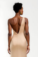 Load image into Gallery viewer, Champagne One Shoulder Sheath Satin Long Formal Dress with Slit