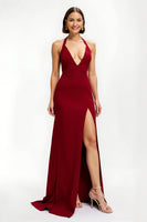 Load image into Gallery viewer, Red Satin Sheath Long Holiday Party Dress with Slit