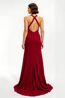 Red Satin Sheath Long Holiday Party Dress with Slit