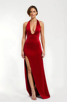 Load image into Gallery viewer, Red Sheath Satin V-Neck Long Holiday Party Dress with Slit