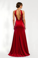 Load image into Gallery viewer, Red Sheath Satin V-Neck Long Holiday Party Dress with Slit