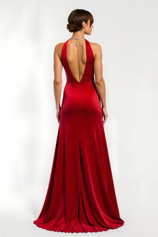 Red Sheath Satin V-Neck Long Holiday Party Dress with Slit