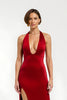 Load image into Gallery viewer, Red Sheath Satin V-Neck Long Holiday Party Dress with Slit