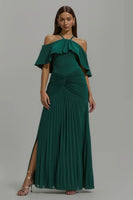 Load image into Gallery viewer, Dark Green Sheath Chiffon Pleated Long Holiday Party Dress with Ruffles
