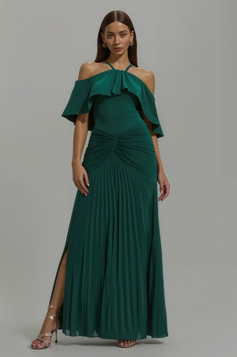 Dark Green Sheath Chiffon Pleated Long Holiday Party Dress with Ruffles