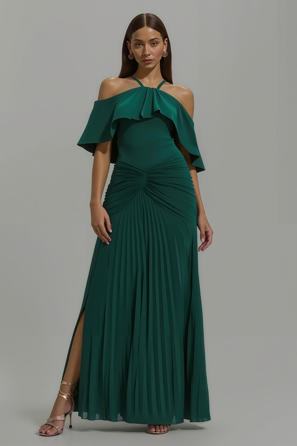 Dark Green Sheath Chiffon Pleated Long Holiday Party Dress with Ruffles