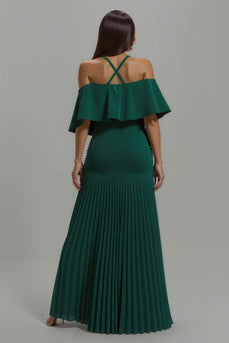 Dark Green Sheath Chiffon Pleated Long Holiday Party Dress with Ruffles