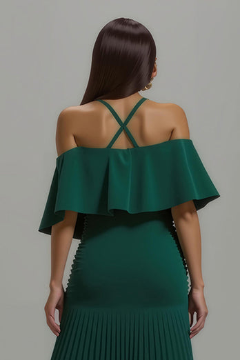 Dark Green Sheath Chiffon Pleated Long Holiday Party Dress with Ruffles