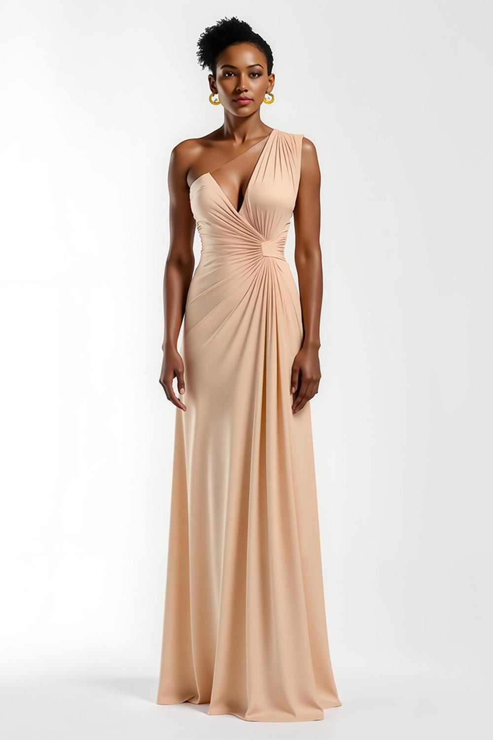 Champagne Satin Sheath One Shoulder Ruched Sheath Long Formal Dress