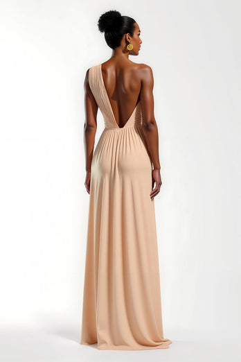 Champagne Satin Sheath One Shoulder Ruched Sheath Long Formal Dress