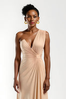 Load image into Gallery viewer, Champagne Satin Sheath One Shoulder Ruched Sheath Long Formal Dress