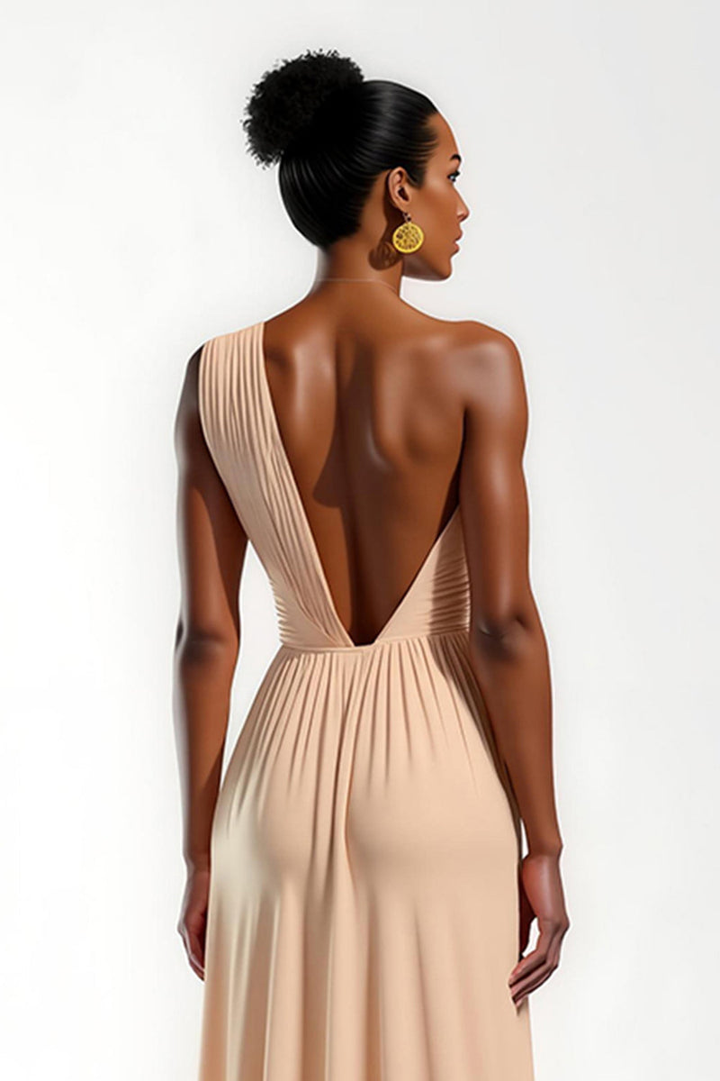 Load image into Gallery viewer, Champagne Satin Sheath One Shoulder Ruched Sheath Long Formal Dress