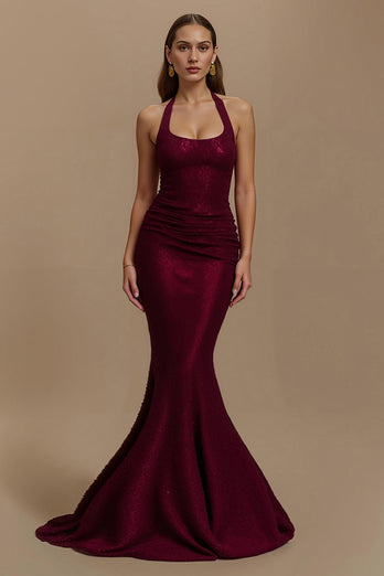 Sparkly Burgundy Mermaid Halter Sequins Long Holiday Party Dress