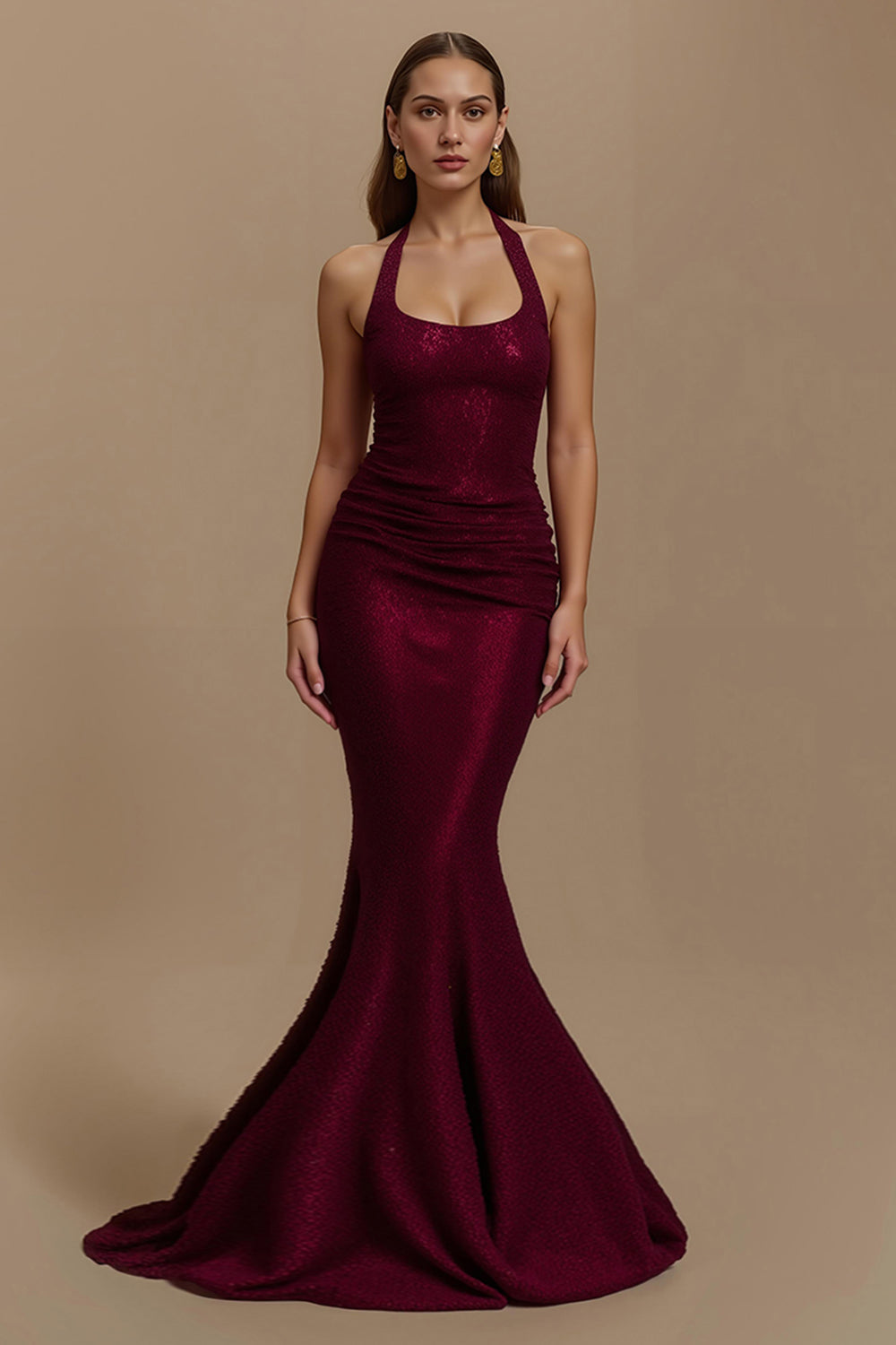 Sparkly Burgundy Mermaid Halter Sequins Long Holiday Party Dress