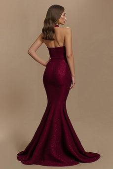 Sparkly Burgundy Mermaid Halter Sequins Long Holiday Party Dress