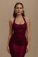 Load image into Gallery viewer, Sparkly Burgundy Mermaid Halter Sequins Long Holiday Party Dress