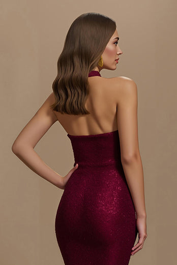 Sparkly Burgundy Mermaid Halter Sequins Long Holiday Party Dress